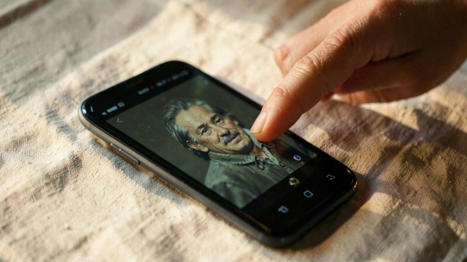 Telefón na plátenej podložke s pozastaveným videom starého portrétu